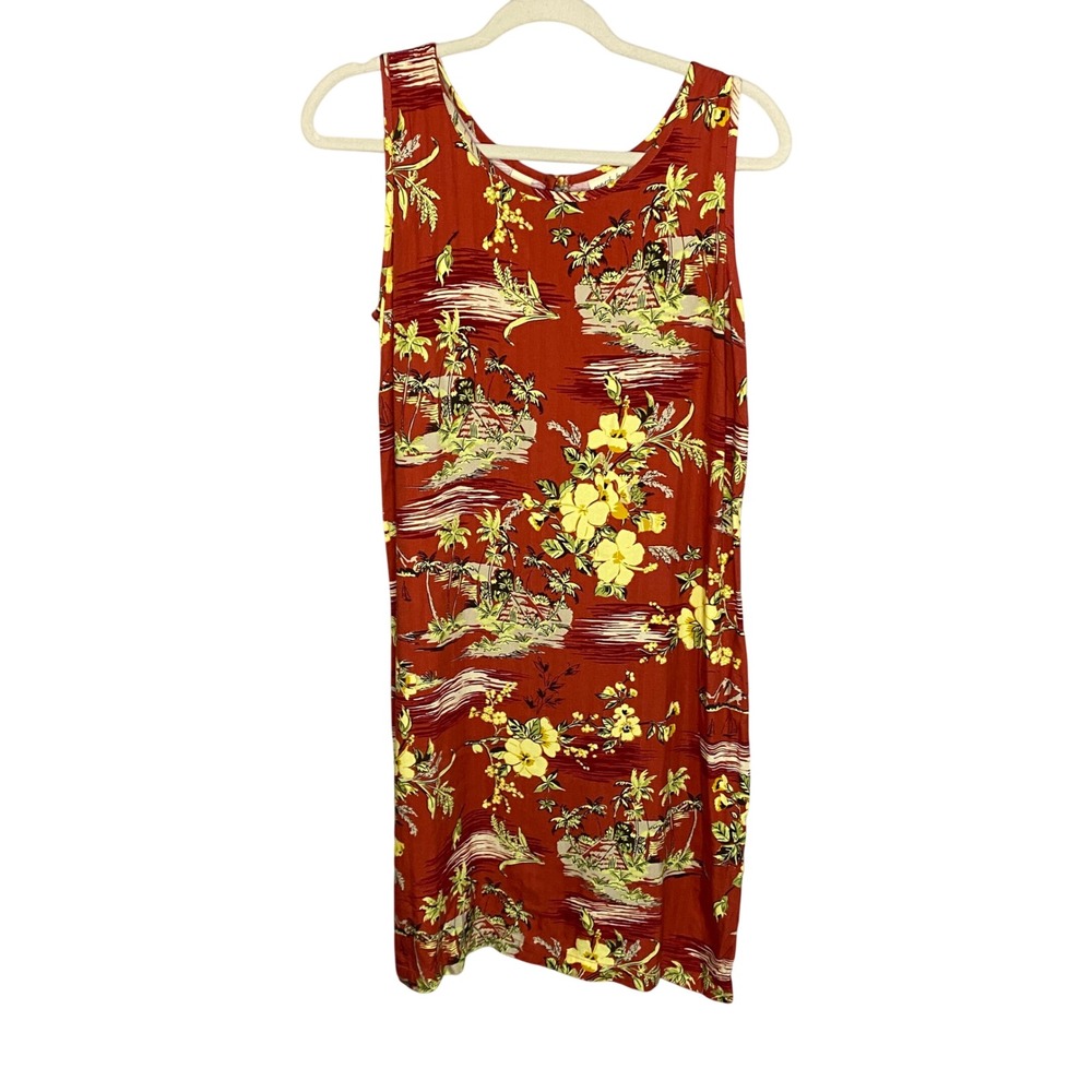 Marsh Landing‎ Womens Tropical Hibiscus Palm Tree Rayon Shift Dress Red Size M